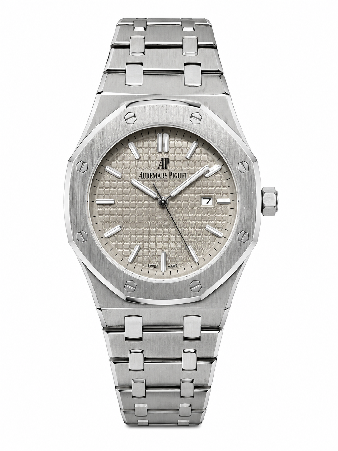 Luxury Silver Men’s Watch – Octagonal Stainless Steel Bracelet & Textured Dial
