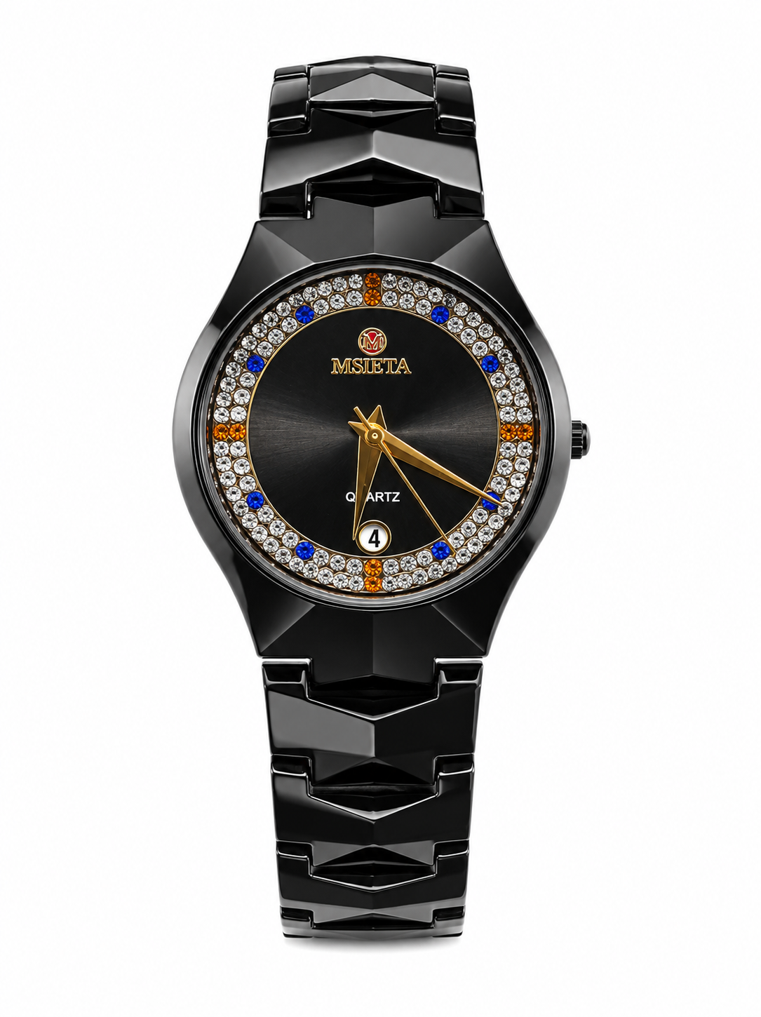Luxury Black Men’s Watch with Crystal & Blue Stone Dial – Stainless Steel