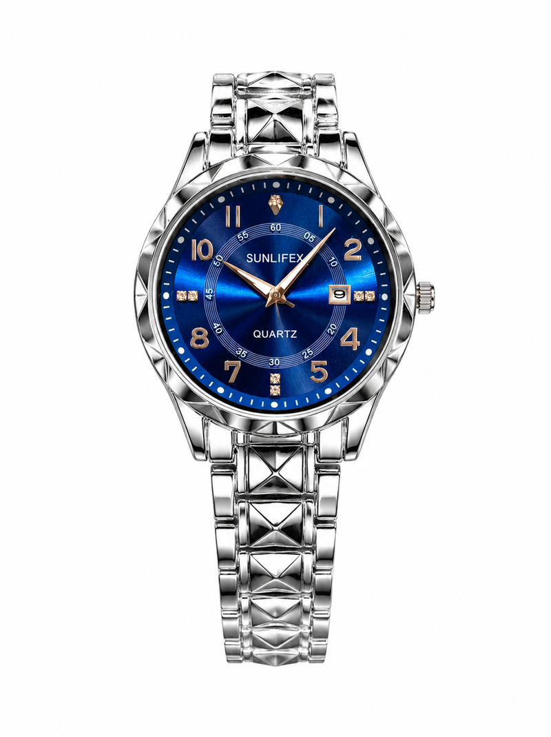 Luxury Men's Blue Dial Quartz Watch – Silver Stainless Steel Bracelet Watch